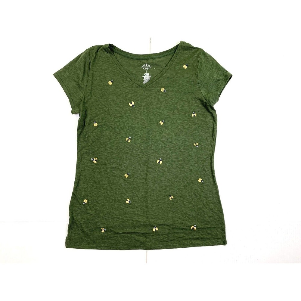 St Johns Bay Women S Short Sleeve T Shirt Forest Green Lady Bug Embroidered